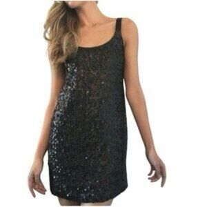 Theory Allegra Sequin Silk Scoop Neck Sleeveless Black Shift Mini Dress Size 8